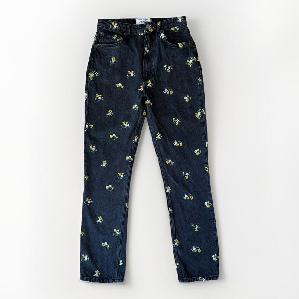 Reformation Cynthia Jeans Women's 27 Black High Rise Straight Leg Floral Art